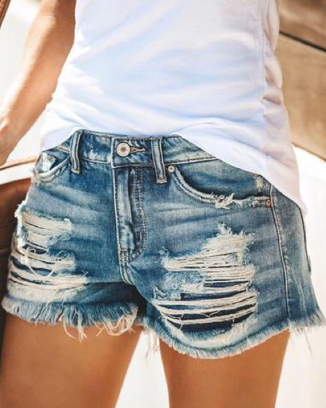 Women High Rise Distressed Stretchy Ripped Hole Denim Short Jeans