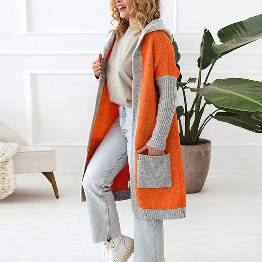 Letter Print Winter Warm Jacket Fashion Colorblock Hooded Cardigan