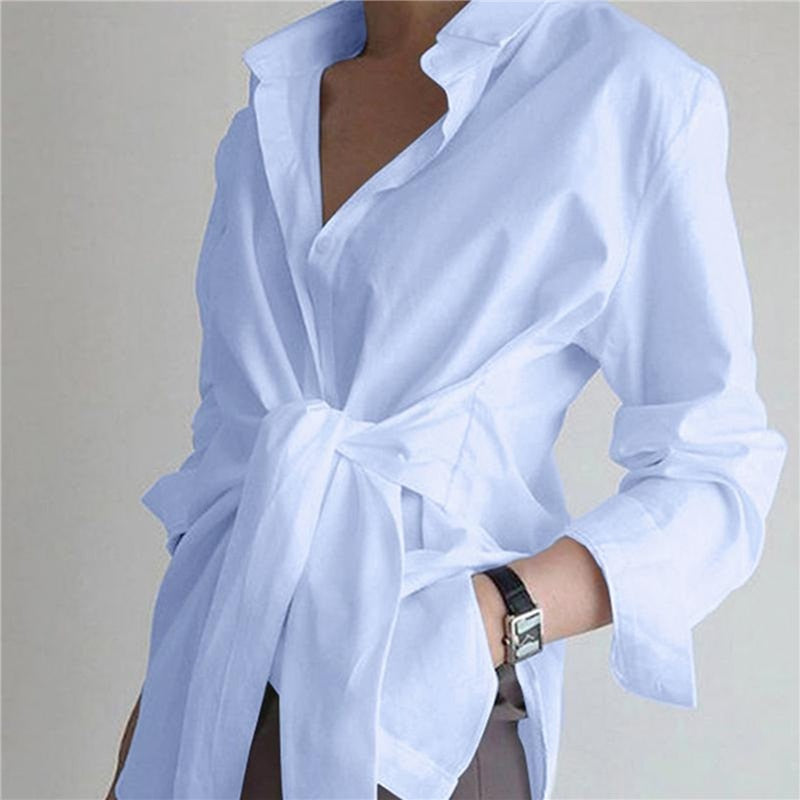 Fashion Blouses Women's Long Sleeve Lapel Casual Loose Shirts Spring Solid Color Bandage Clothes