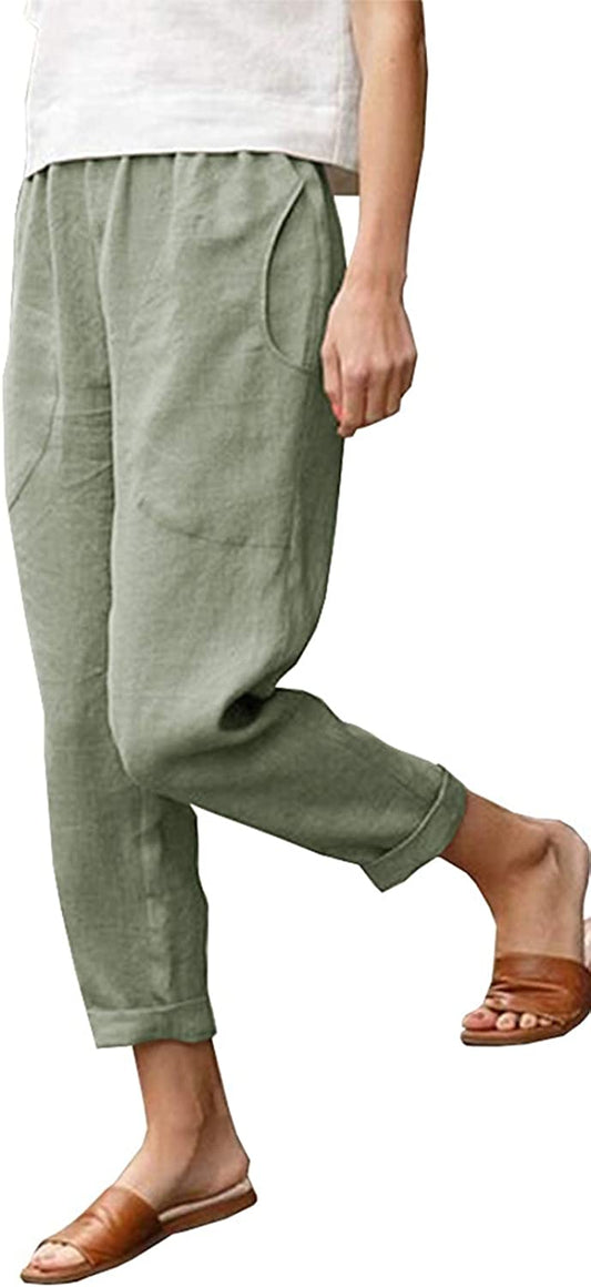 Casual Cotton Tapered Capri Cargo Pants Loose Elastic Waist Ankle Cropped Trouser