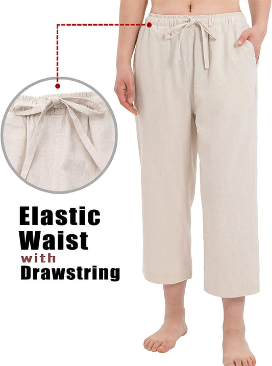 Cotton Linen Drawstring Elastic Waist Loose Wide Leg Cropped Pants