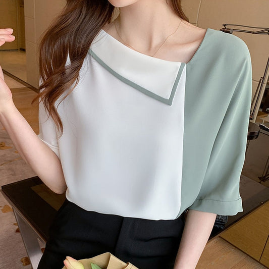 Loose Chiffon Shirt Women's Blouses and Tops Skew Collar Short Sleeve Solid Elegantes