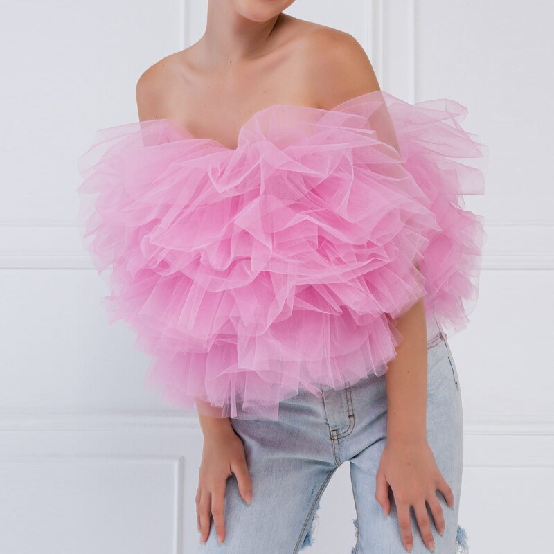 Emillydress Fashion Puffy Mesh Tulle Tube Tops