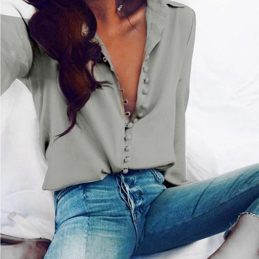 Fashion Casual Solid Color Ladies Office Tops Sexy Buttons Long Sleeve