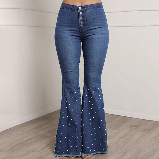 Fashion Solid Beading Flared Jeans High Waist Single-breasted Casual Denim