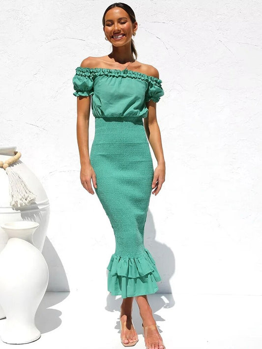Women Midi Dress Elegant Turquoise Femme Summer Sheath Smocking Vestidos