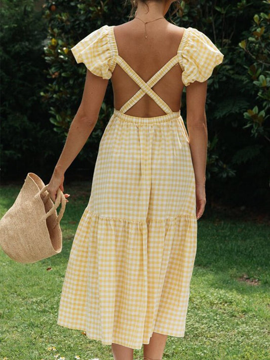 Foridol Puff Sleeve Gingham Print Vintage Backless Yellow Elegant Summer A-line Dress