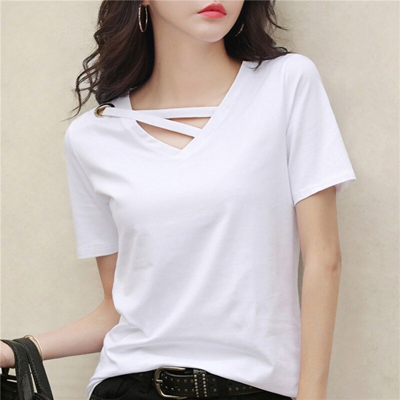 Casual Solid Color Short Sleeve V Neck T-shirt
