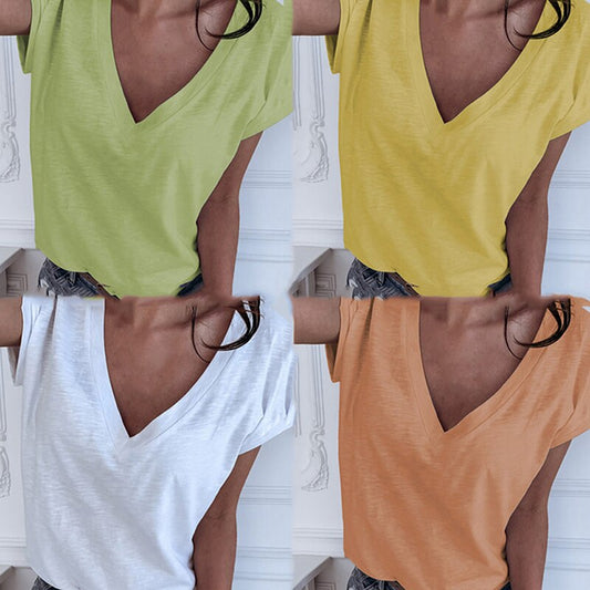 Casual Solid Color Short Sleeve V Neck T-shirt