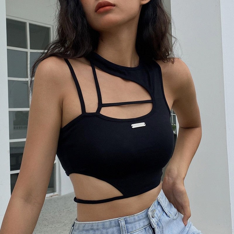 Crop Top Women Hollow Out Black Blouses Sleeveless Skinny Cool Punk T Shirts