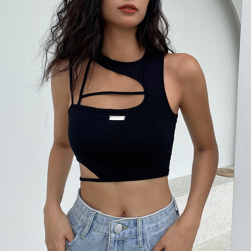 Crop Top Women Hollow Out Black Blouses Sleeveless Skinny Cool Punk T Shirts