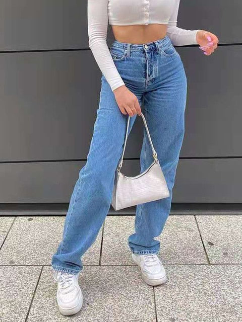 Fashion Mom Jeans Straight Leg Pants Washed Blue Casual Long Denim Trousers High Waist Jeans