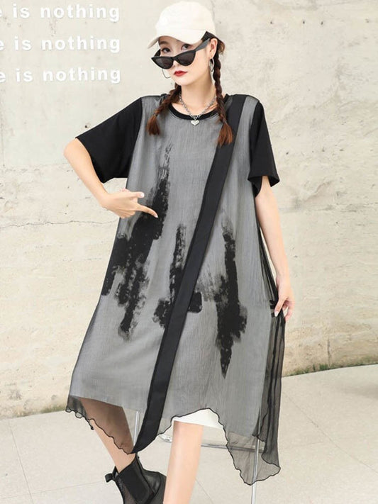 New Casual Clothes Womens Patchwork Sun-proof Mesh Dresses Loose Vintage