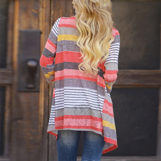 Striped Print Boho Cardigan Outwear Knitted Casual Vintage Jacket Coat