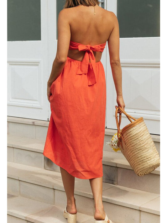 Shoulder Backless Tie Up Orange Midi Dress Solid Casual Beach Tube Fashion Dress