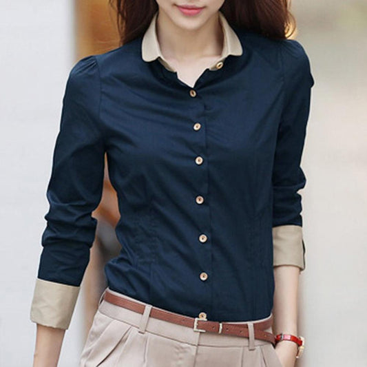 Long Sleeve Turn Down Collar Waist Tight Shirt Buttons Blouse Top Shirts