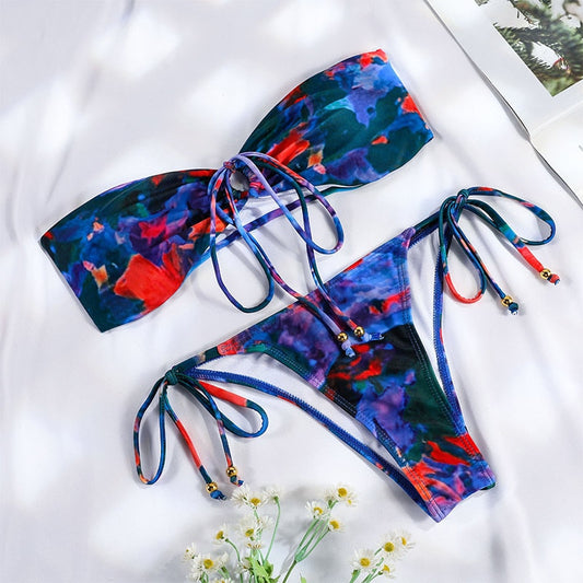 Patchwork Floral Print Beachwear Micro Thong Bikinis