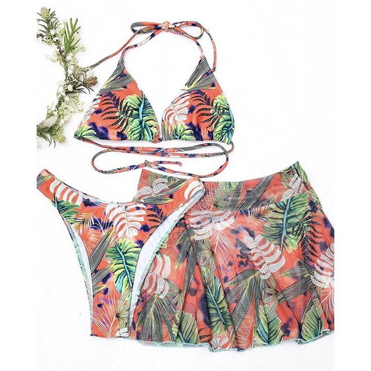 Plant Print Swimsuit Sexy Bikini Set Three Piece Suits