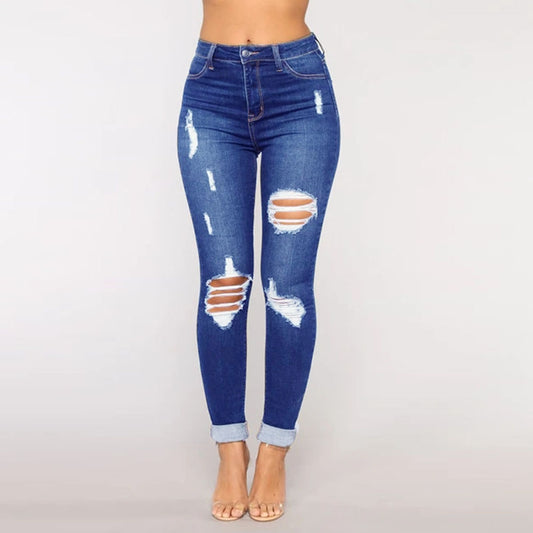 Ripped Women's Denim Jeans Retro Blue Denim Jeans Hollow Pencil Pants Strech Jeans