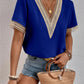 Women's V-neck Splicing Lace Blouse Elegant Commuter Loose Short Sleeve Shirt