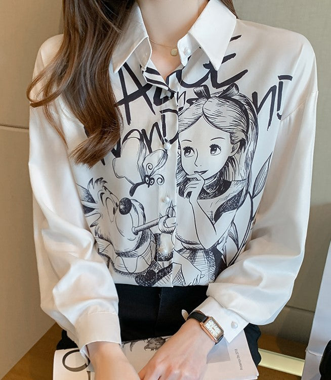 Korean Harajuku Cartoon Print Chiffon Blouse Women Long Sleeve Loose Shirt