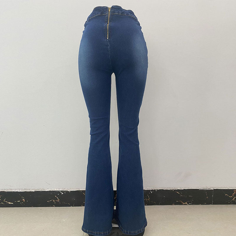 Fashion V Waist Low Rise Flare Jeans XXL Women Streetwear Back Zipper Skinny Stretchy Wide Leg Pants