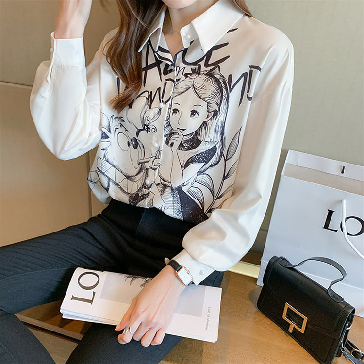 Korean Harajuku Cartoon Print Chiffon Blouse Women Long Sleeve Loose Shirt