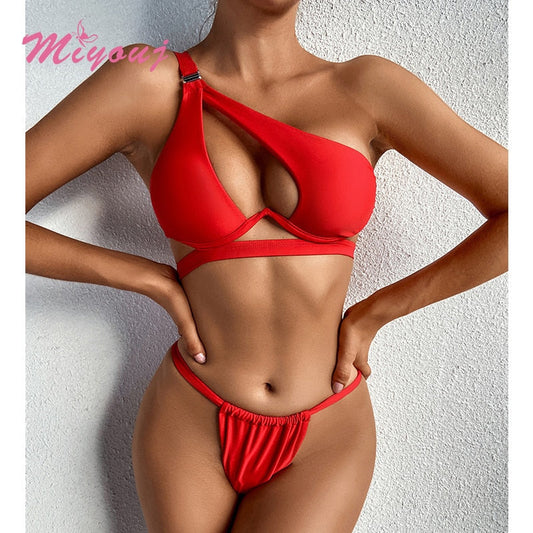 Solid Color Bikinis Pleated Micro Thong Two Piece Bathing Suit