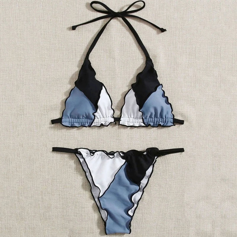 Triangle Bikinis Halter Swimwear Patchwork Print Swimsuit
