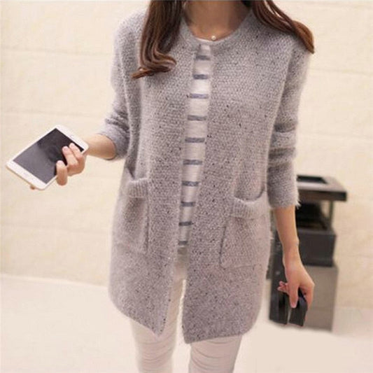 Solid Color Pockets Knitted Sweater Tunic Cardigan