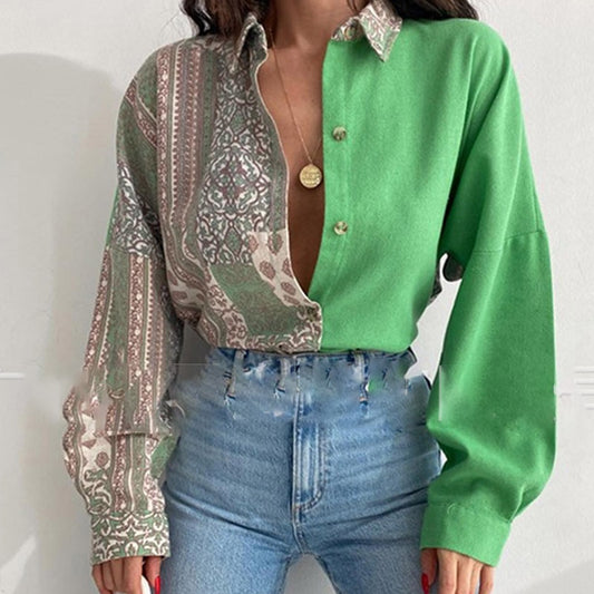 Women Elegant Patchwork Print Blouse Shirts Fashion Turn-down Collar Button Tops