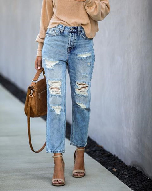 Women's Ripped Jeans Street Denim Trousers High Waisted Washed Retro Casual Blue Straight-Leg Pants