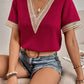 Women's V-neck Splicing Lace Blouse Elegant Commuter Loose Short Sleeve Shirt