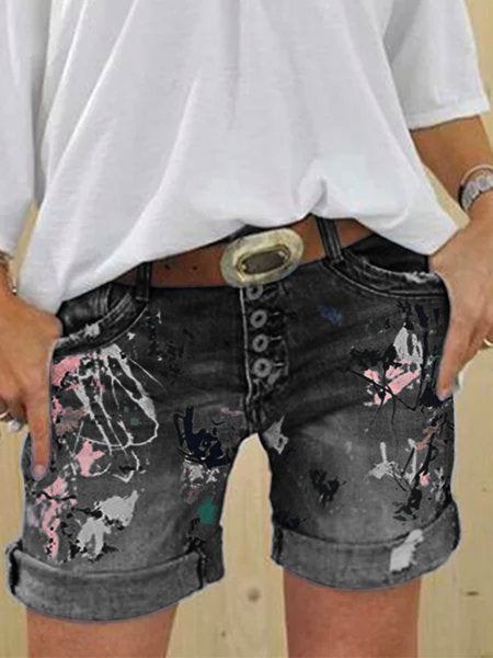 Women's Jeans High-waisted Denim Shorts Printing Multi-button Curled Hot Pants