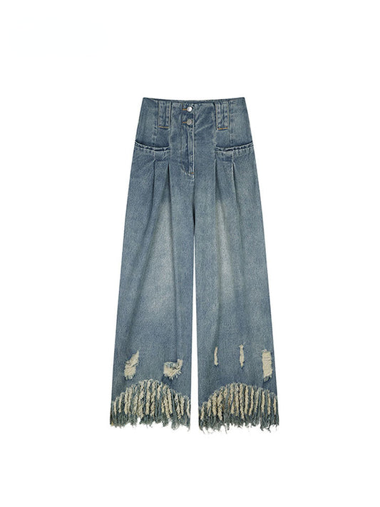 High Waist Tassels Hole Jeans Vintage Straight Baggy Denim Pants
