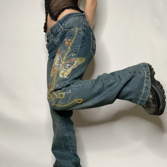 High Street Spice Retro Butterfly Print Grunge Fairy Jeans Fashion Y2k Pants  Cyber