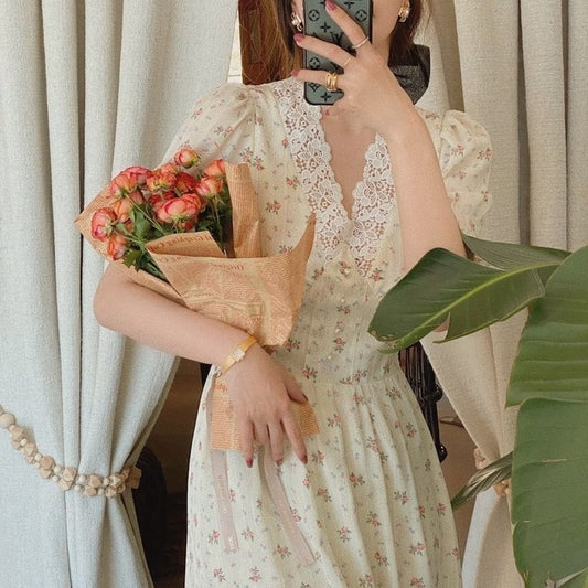 Vintage Floral Dress Women Elegant Lace Chiffon Korean Party Dress Puff Sleeve V Neck Midi Dress Fall Dresses for Women 2021