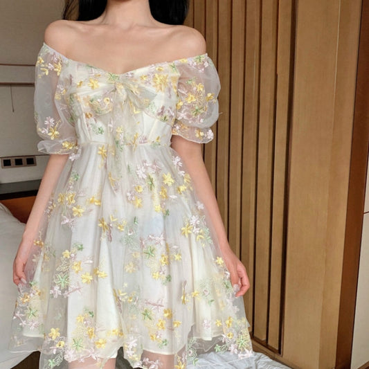 Women Sexy Puff Sleeve Lace Chiffon Print Mini Dress