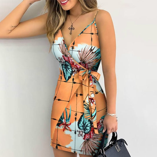Summer Women Holiday Floral Leaves Print Bodycon V-neck Mini Dress