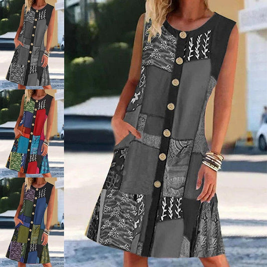 2021 Fashion Summer Women's Round Neck Sleeveless Printed Contrast Pocket Dress Beach Dress Party Dresses for Women