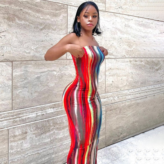 2021 New Arrival Women Summer Strapless Dress Female Sexy Midi Sleeveless Off Shoulder Dress Girls Tie Dye Print Clothes Outfits