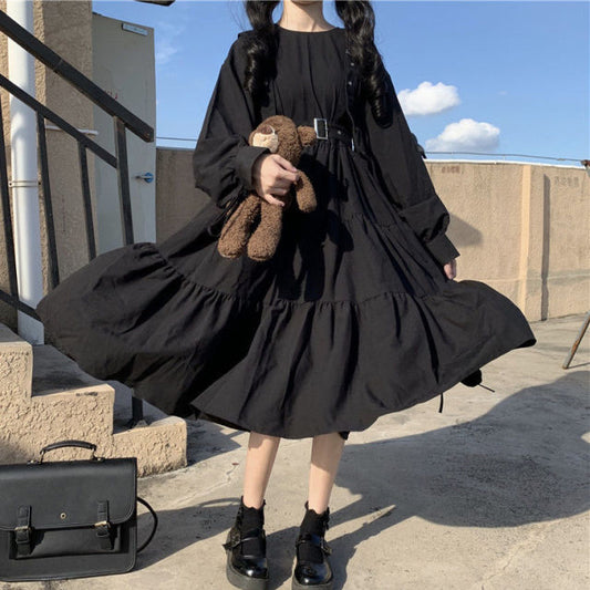 Women Harajuku Gothic Lolita Goth Kawaii Dress Punk Cute Long Sleeve Black Midi Dress