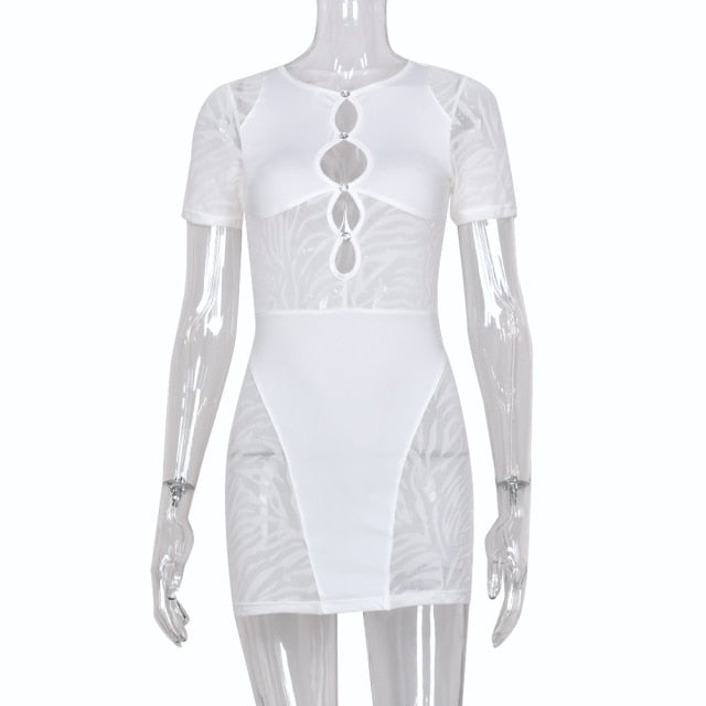 Plus Size Cut Out Sexy Zebra Mesh Transparent Women Mini Dress