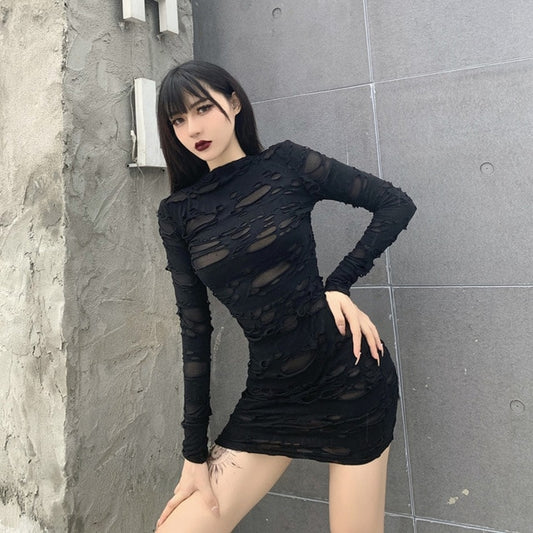 New Gothic Black Mini Dress Streetwear Rock Punk Hollow Retro High Waist Long Sleeve Bodycon Party Dresses