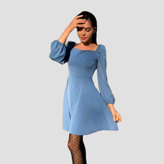 Spring Mini Dress Puff Sleeve Square Neck Elegant Slim Party A Line Vintage Dress