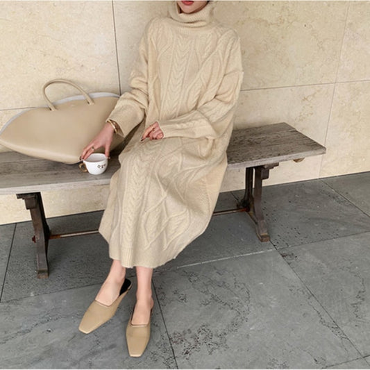Casual knitted dress autumn and winter high neck loose hedging knitted warm sweater dress fashionable women's clothing
