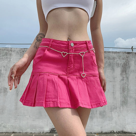 Y2k Pink Denim Pleated Skirts